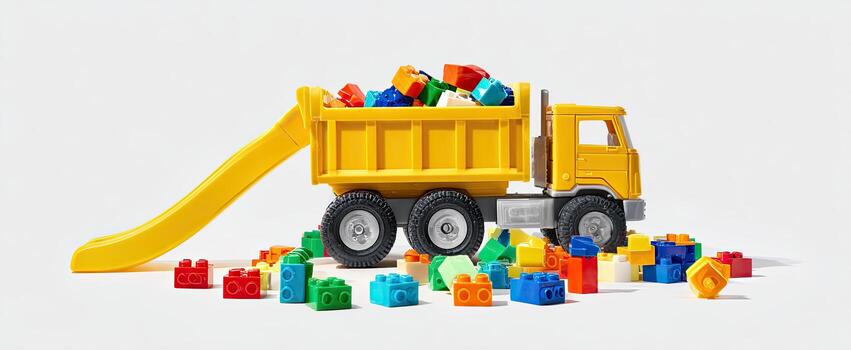 un amarillo juguete camión desbordante con vistoso bloques y un deslizar, dispersado en un blanco superficie foto