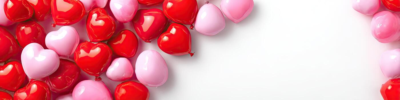 Red and pink glossy heart-shaped candies on white background, filling left and top-right corners photo