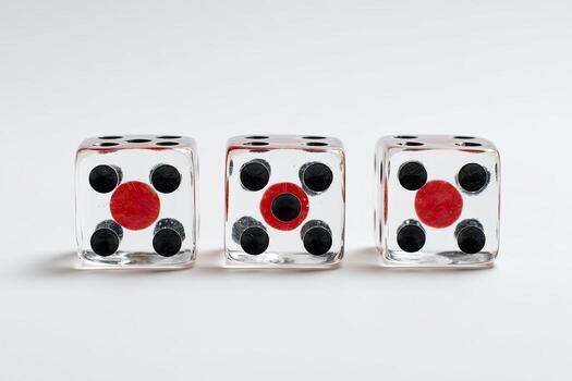 Three clear dice, showing different numbers, aligned on a white background photo