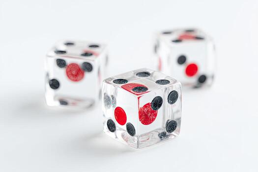 Three clear dice with red and black pips on a white background photo
