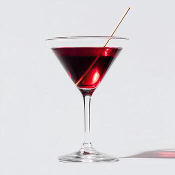 A ruby red cocktail in a stemmed glass with a gold swizzle stick, against a white background photo