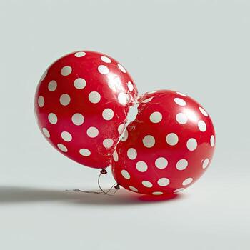 Two red, polka-dotted balloons, partially torn, joined by string against a light background photo