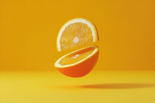 Two orange halves suspended mid-air against a solid yellow backdrop, creating a vibrant composition photo