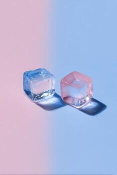 dos translúcido cubitos, uno teñido de azul, el otro rosa, emitir oscuridad en un degradado fondo foto