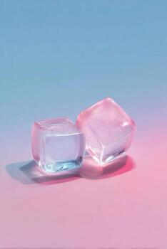 Two translucent ice cubes casting shadows on a pink and blue gradient background photo