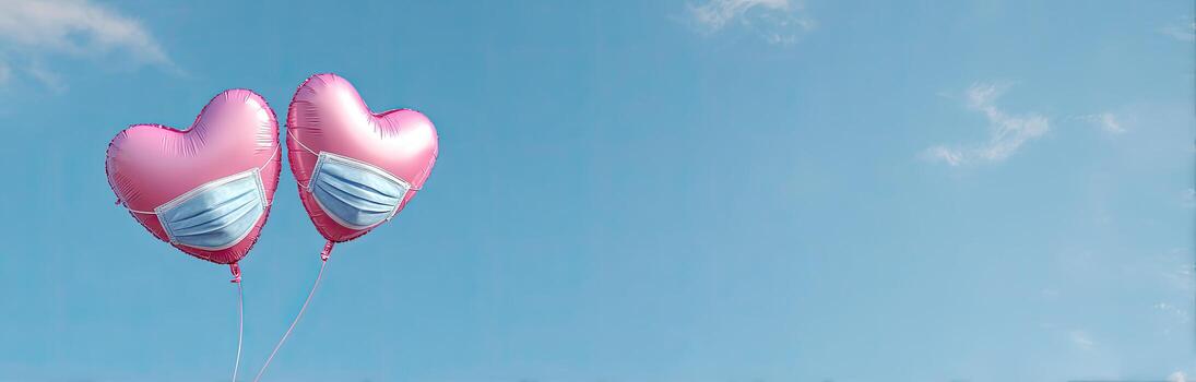 Two heart-shaped pink balloons with masks float in a blue sky with clouds photo