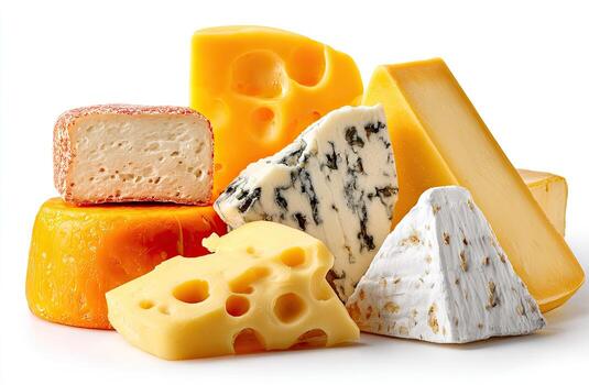 Assortment of various cheeses, close-up shot, different shapes and textures, white backdrop photo