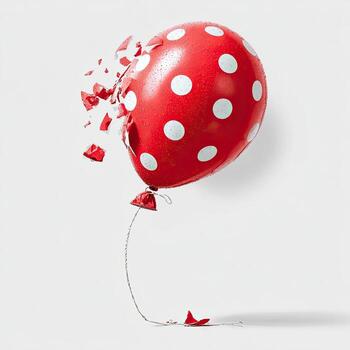 Red polka-dotted balloon bursts, shards flying against white background, string dangling photo