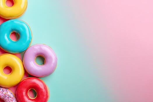 Colorful donuts with various glaze colors arranged against a two-tone pastel background photo