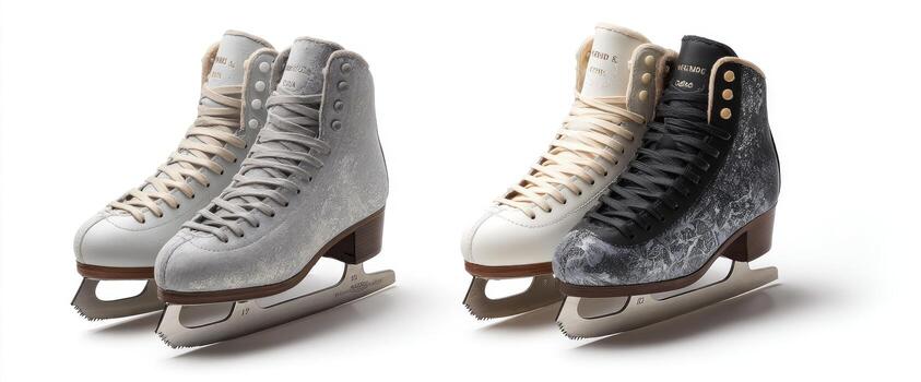 Pairs of figure skates, in white, silver, black, and cream, are displayed on a white background photo