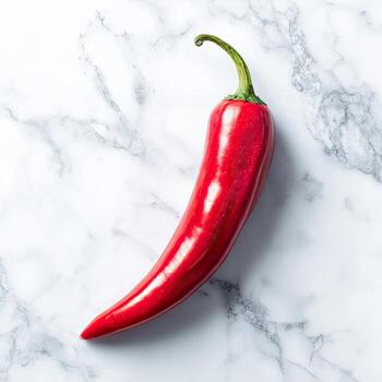 Vivid red chili pepper with green stem, angled on a patterned white marble surface photo