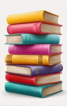 A vertical stack of brightly colored, hardcover books on a light background photo