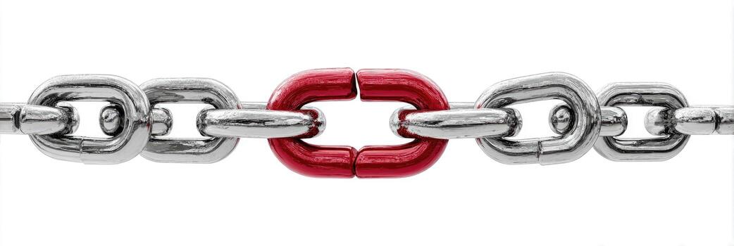 A metal chain, with a single red link in the middle, against a white background photo