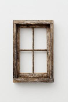 Rustic, weathered wooden window frame with four panes against a plain white background photo