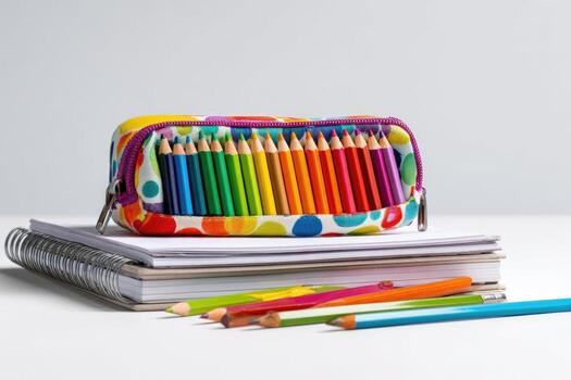 un vistoso lápiz caso desbordante con de colores lapices encima libros, con algunos suelto lapices abajo foto