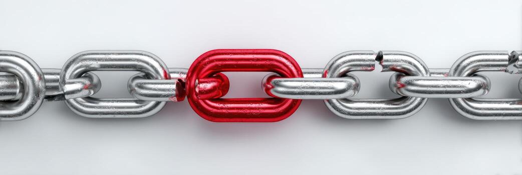 A close-up of a metal chain with a prominent red link amidst the silver links photo