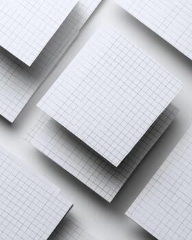 Square sheets of white graph paper, stacked, slightly angled, scattered against a white background photo