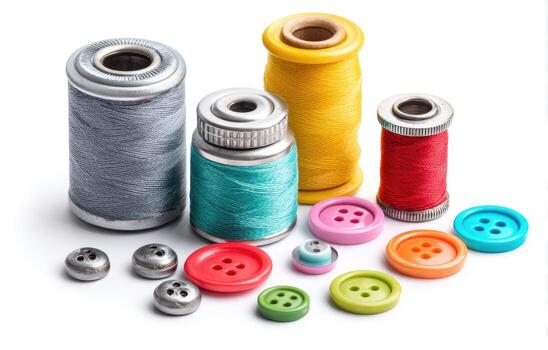 de cerca de varios de colores hilo carretes y botones en un blanco antecedentes foto