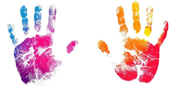 Two multi-colored handprints, one blue-pink and one red-orange, are displayed against a white backdrop photo