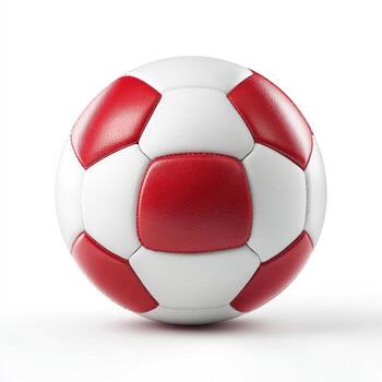 A close-up image shows a red and white soccer ball against a plain white background photo