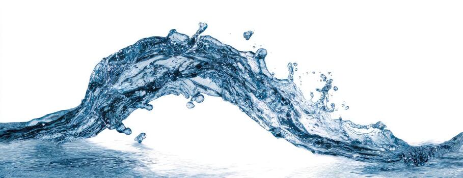 An image of water captured mid-motion, showing a wave and splashing on white photo
