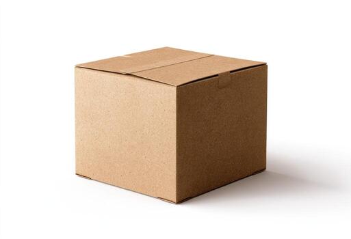 Isolated, perfectly-formed, brown cardboard box casting a subtle shadow on a white background photo