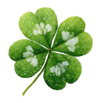 Detailed close-up of a four-leaf clover with speckled texture, isolated on white photo