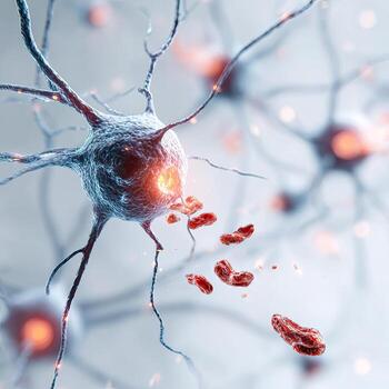 3D rendering of neural cells with glowing center, axons, and some detached debris photo