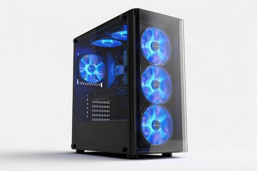 Modern PC tower with glass panel, lit internal fans, glowing blue, on white backdrop photo