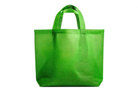 Front-view shot of a vivid green reusable tote bag with handles, isolated on white photo