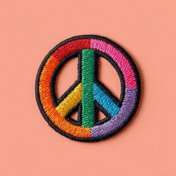 Circular patch features a peace symbol in rainbow colors, set against a solid pink background photo