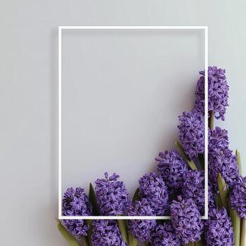 Purple hyacinth flowers arranged in a corner frame on a pale gray background photo