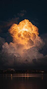 A towering, illuminated cloud formation over water reflects in the night sky photo