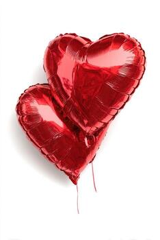 Two red heart-shaped balloons overlapping against a white background photo