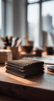 Stack of textured brown cloths on a wooden desk, blurred background of office supplies photo