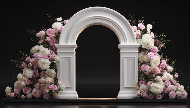 Elegant white archway with floral arrangements, set against a dark background photo