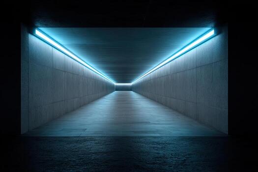 A concrete tunnel illuminated by neon blue lights. Perspective view with depth. Dark background photo