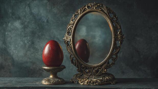 A red egg in a decorative holder reflects in an ornate oval mirror, against a textured backdrop photo