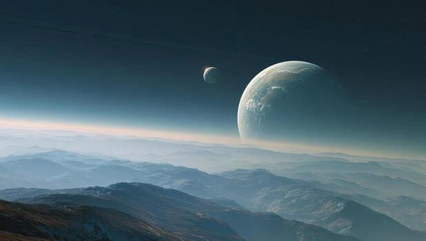 Distant view of two planets with rings and a small moon, rising above hazy mountain ranges photo