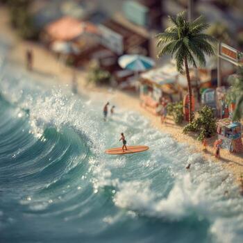 Miniature beach scene with surfer. Tiny figures enjoy a summer day on a miniature beach. Waves crash against the shore. Palm trees line the sand. A tiny surfer rides a wave photo