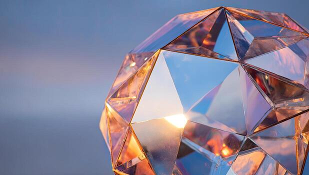 Close-up of a faceted, clear sculpture reflecting warm sunset colors against a gradient sky photo