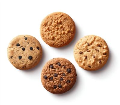 Four round cookies arranged in a circle, top view. Two cookies with dark chocolate chips, two are plain. All on white background photo