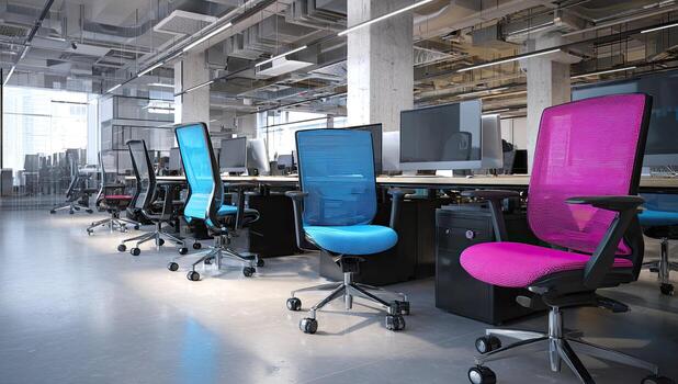 Modern office space with a row of colorful ergonomic chairs and computer setups photo