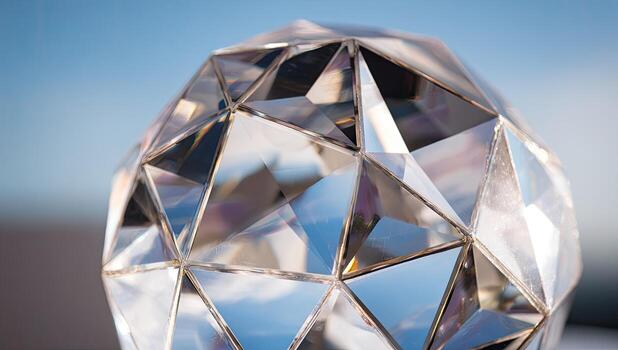 Faceted crystal sphere reflects sky and surroundings, creating a geometric display photo