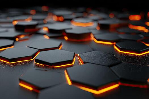 Close-up view of a dark, hexagonal surface. Glowing orange highlights the edges of each hexagon. Dark background emphasizes the texture photo