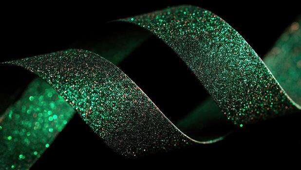 Glittering emerald ribbon swirls elegantly against a stark black background photo
