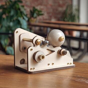 Wooden, intricate mechanism. Small, complex, ornamental device. Rotating sphere. Precise engineering photo