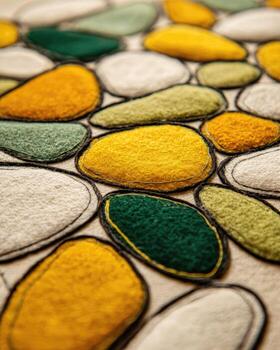 Close-up of textured fabric with embroidered pebbles in various colors photo
