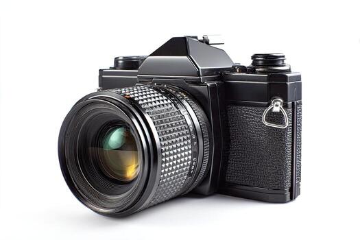 Vintage black SLR camera, front view photo