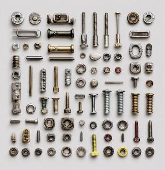 Grid of assorted nuts and bolts photo